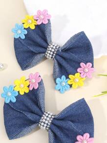 2 Stücke blaue Jeans Haarbögen für Frauen und Mädchen, bunte Haarbögen mit Kunstperlenblume, Haarstyling-Clips, süßer Blumendekoration, Denim-Haarbögen, Lässig-Bögen, Barettes, Urlaubsoutfits, Haarspangen, Frauenhaarschmuck, Klemmclips