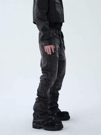 Straight Leg Flared Jeans, Fashionable Washed Denim Jeans, Cotton Slant Pocket Pants