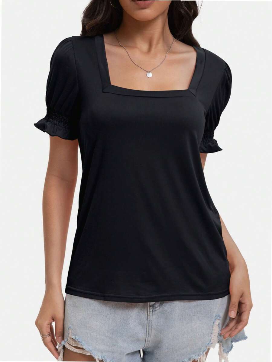 OUTBALL Women's Summer Tops Square Neck Ruffle Cuffs Casual Loose Shirt T Shirt Fashion Hundred Elegant Outing Tops - màu đen - Xem 1