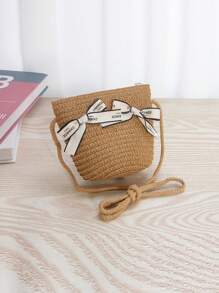 1 pieza Bolso de paja cruzado con lazo estilo princesa lindo para niñas, atuendo de princesa para usar en la playa y el día a día