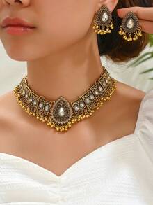 1pc Peacock Wing Crystal Teardrop Necklace And 1 Pair Vintage Drop Pearl Earrings, Exaggerated Women Jewelry Set - Bronze - View 5