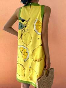 Boho Summer Beach Casual Vacation Comfortable Women's Clashing Lemon Leaf Pattern Sleeveless Dress Brunch Outfits For Women