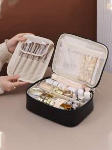 1 Peça Necessaire de Maquiagem Desmontável Multicamadas, Bolsa de Maquiagem de Couro Sintético à Prova d'Água de Grande Capacidade, Bolsa para Pincéis de Maquiagem Removível, Organizador Portátil de Viagem para Batom e Cosméticos, Adequado para Cosméticos e Artigos de Higiene Pessoal Durante a Viagem