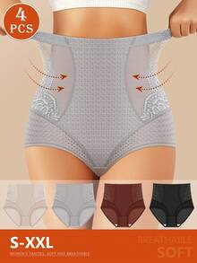 4pcs Women's High Waist Mesh Briefs, Breathable & Soft, Tummy Control Daily Underwear - 彩色 - 查看 1