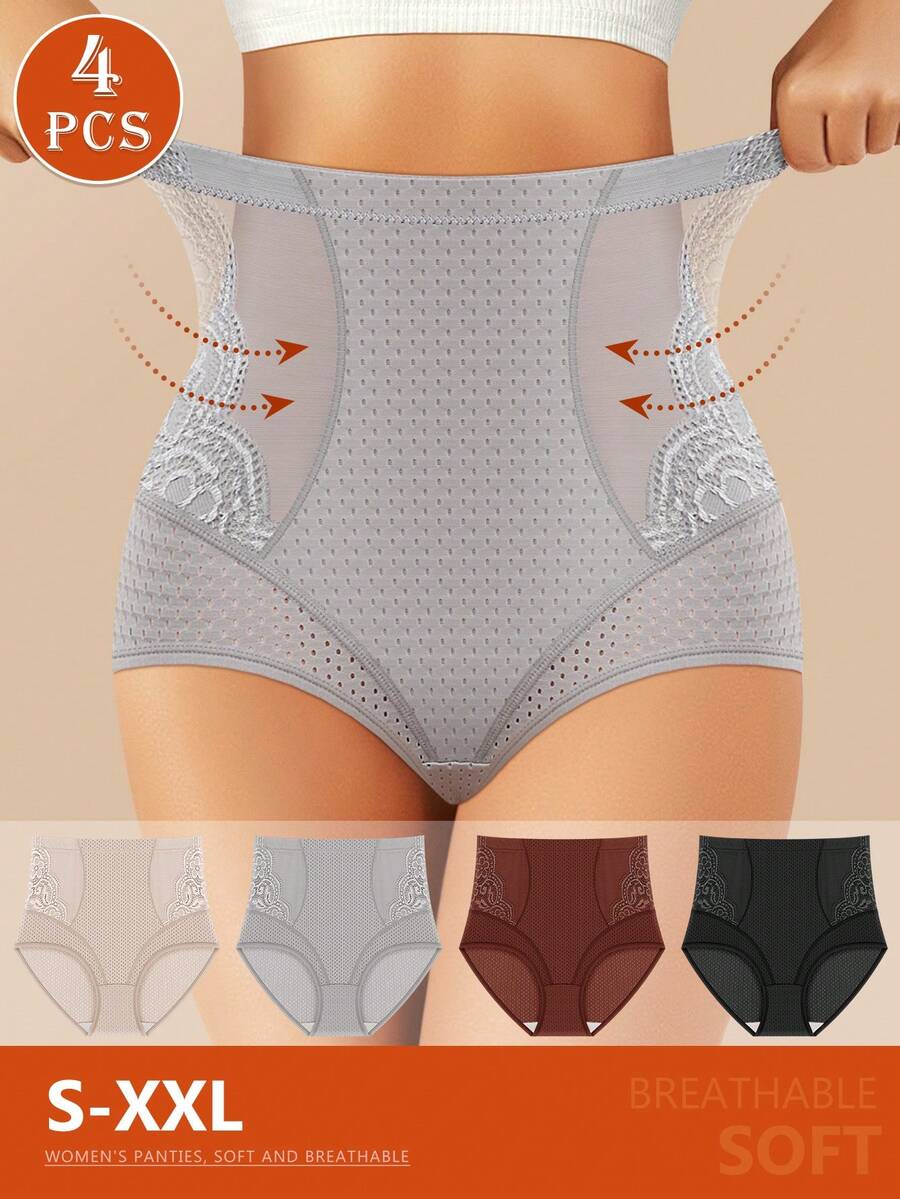 4pcs Women's High Waist Mesh Briefs, Breathable & Soft, Tummy Control Daily Underwear - 彩色 - 查看 1