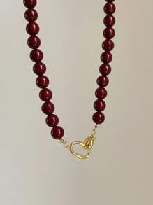 1 pieza Collar de cuentas de piedra natural de ágata roja, cadena dorada para mujer, cierre de doble broche, forma redonda, enchapado en oro de 14K, adecuado para accesorio diario y de fiesta, joyería de moda, regalo para la mejor amiga