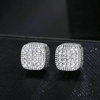 1 Pair Luxury 3D Square Hip-Hop Men's Earrings, Copper Inlaid Cubic Zirconia White K-Color Stud Earrings