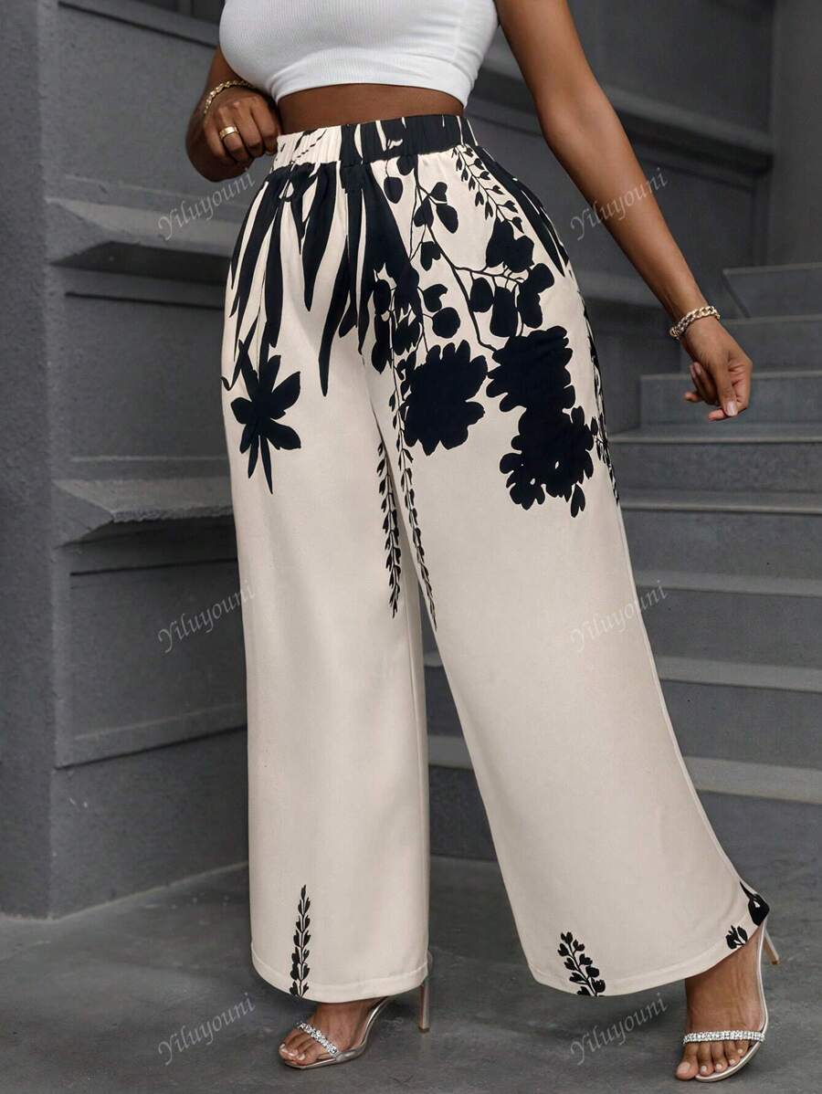 Plus Size Women Loose Floral Print Wide Leg Pants, Casual And Comfortable