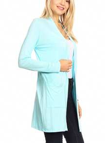 Classic Open Front Long Sleeve Cardigan With Side Pockets  Plain  Casual    Pocket      Daily - 水藍色 - 查看 2
