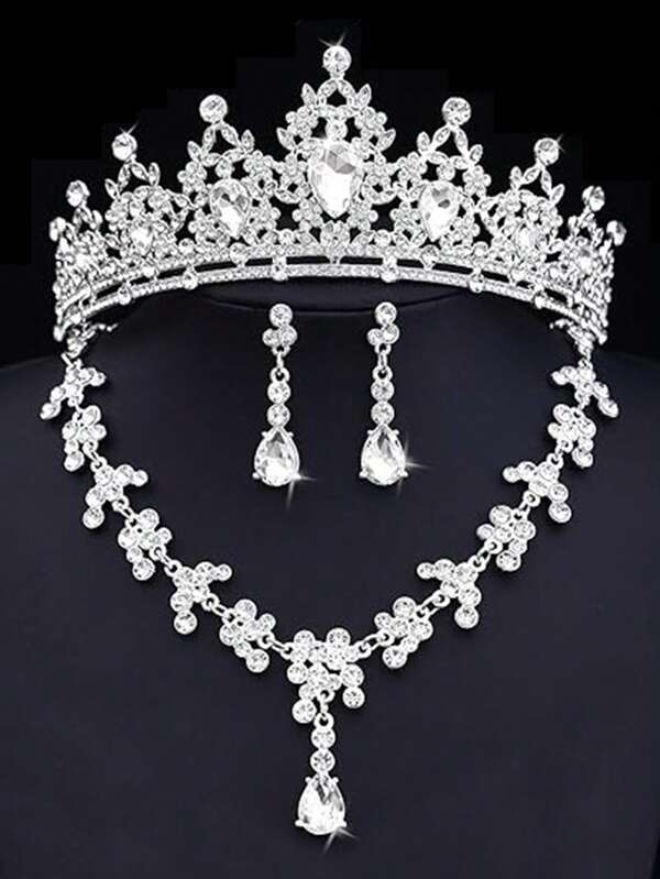 Conjunto de 4 piezas de joyería para boda y fiesta: corona tocado de novia, collar, aretes, diseño clásico de cristal y rhinestone, para novia, damas de honor, fiestas, coronas de certámenes