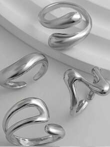 4pcs/Set Vintage Geometric Round Open Ring & Asymmetrical Liquid Ring Jewelry Set, Suitable For Women's Holiday, Party And Daily Wear - Silver - View 2
