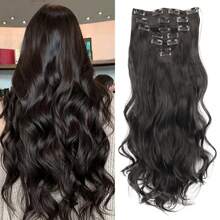 Extensiones de cabello sintético, set de 7 piezas con 16 clips, de color marrón mezclado con rubio, ondulado largo, resistente al calor, para uso diario, de fiesta y vacaciones de las mujeres