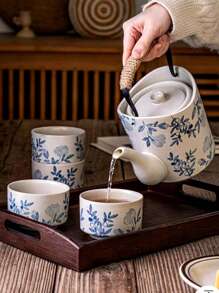 1 Set de tetera con taza de té de estilo japonés, con capacidad grande y asa con diseño floral, juego de té de porcelana blanca gruesa y vintage con filtro, tetera de cerveza de restaurante, de vuelta a la escuela