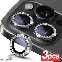 BOLLYMORE 3件組亮面相機鏡頭螢幕保護貼，相容 iPhone 16 Pro Max/16 Pro/16/15 Pro Max/15 Pro/14-11 系列：20+顆水鑽邊框搭配晶瑩透亮鏡頭，9H 耐刮玻璃，閃光燈相容設計，適合夜間攝影、社群媒體美學與奢華風格（無氣泡套組，相容手機殼邊緣） - 黑色 - 查看 8
