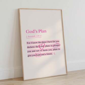 1 pieza Arte de pared con el versículo bíblico de Jeremías 29:11, pintura en lienzo impresa en rosa con texto cristiano, póster de escritura, decoración rosa de Jesús, adecuado para sala de estar, dormitorio o decoración de dormitorio, opción sin marco o con marco