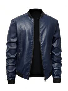 Męska kurtka pilotka ze skóry PU, swobodna kurtka z długim rękawem, zapinana na zamek, kołnierzem bejsbolowym i kieszeniami, polar