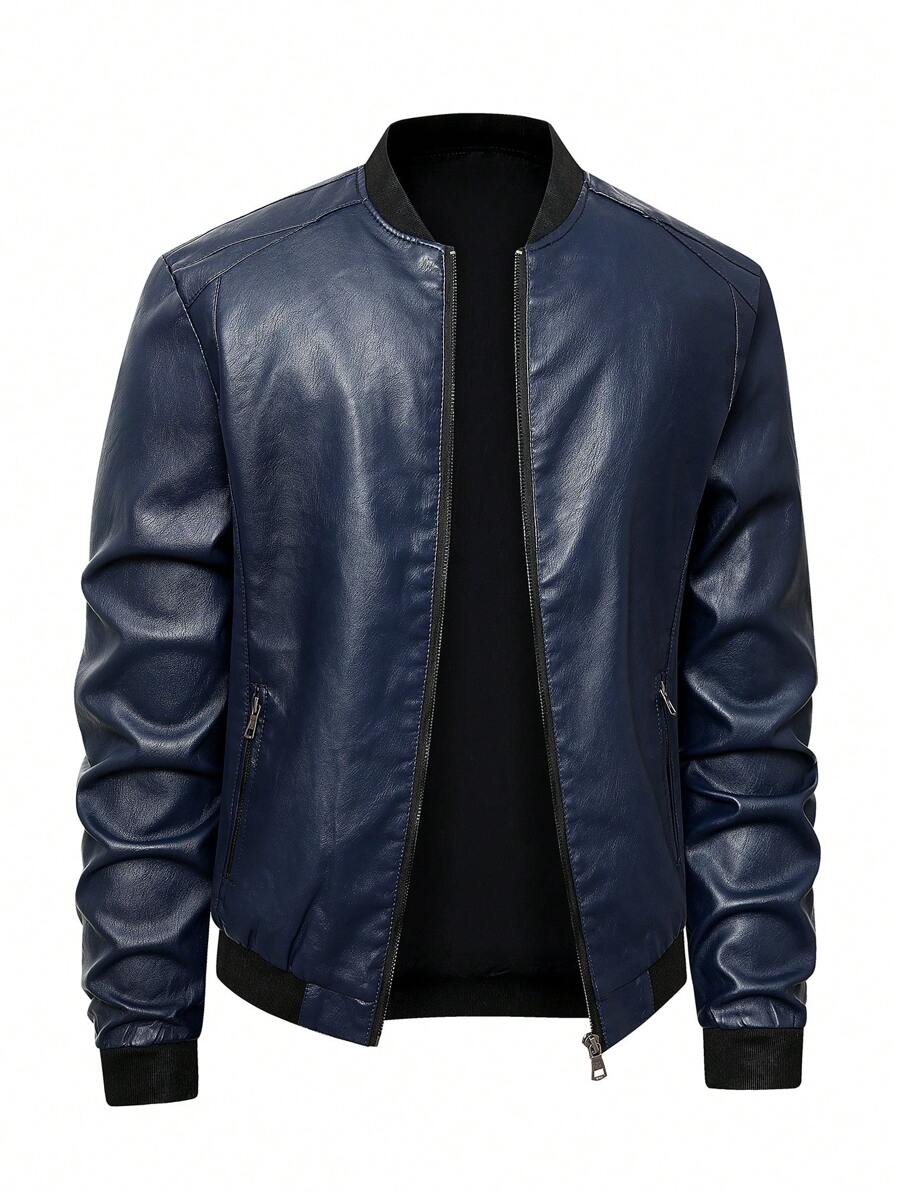 Męska kurtka pilotka ze skóry PU, swobodna kurtka z długim rękawem, zapinana na zamek, kołnierzem bejsbolowym i kieszeniami, polar