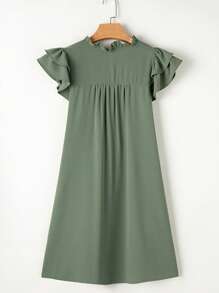 Acelitt Summer Fog Green Ruffled Sleeves V-Neck Ruffled Casual Dress