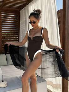 Women's Color Block V-Neck One-Piece Swimsuit. Classic Color Scheme, Minimalist And Elegant, An Ideal Choice For A Fashionable Vacation Look. Beach Summer - Coffee Brown - View 6