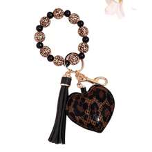 豹纹木珠手链钥匙扣时尚皮革心形流苏钥匙圈包包饰品 Y2K 哥特豹纹猎豹印花 - 彩色 - 查看 8