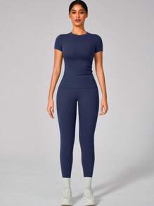 Set aus Damen feuchtigkeitsableitendem Rundhals-Oberteil und Fitnesshose, für Frühling/Sommer