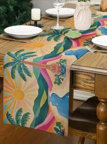 1pc Modern Sunface, Sunflower, Coconut Tree Printed Tablecloth, Kitchen Dining Room Decor, Holiday Decor, Home Gathering Decor, Home Decor, Scene Decor, Outdoor Dining Table, Coffee Table Decor