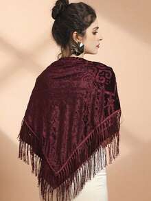 新款复古丝绒提花流苏方巾，优雅腰果色提花围巾，适合日常旗袍、晚礼服、空调房披肩和节日礼物。 - A - 查看 5