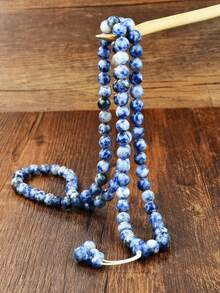 Vintage Natural Jade Bead & Lapis Lazuli Long Necklace, 99 Mala Prayer Beads Necklace With Stone Tassel Pendant