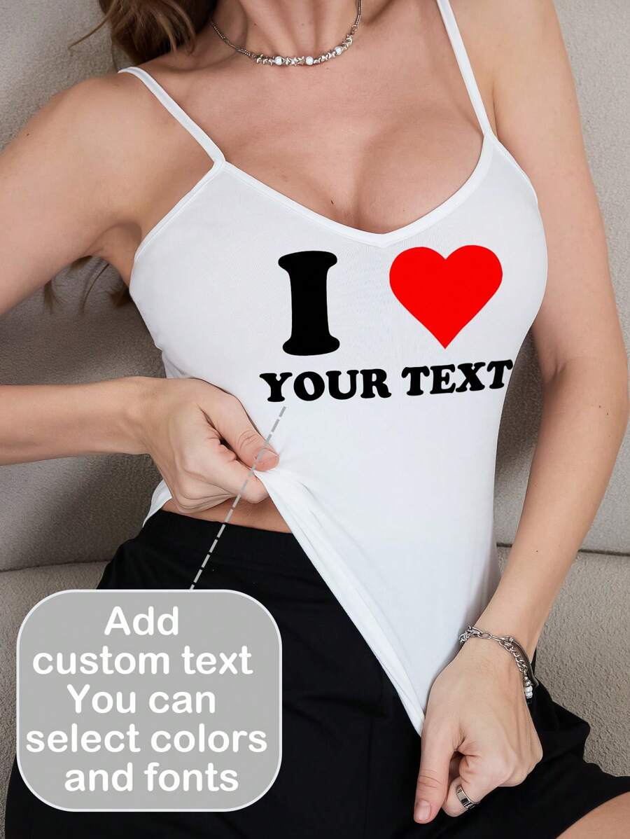 Camizolă personalizată cu decolteu în V pentru femei - Personalizează modelul tematic I Love, Adaugă propriul text, Alege culoarea și fontul, Creează-ți propria camizolă personalizată cu imprimeu, Cadouri de aniversare, Ziua Îndrăgostiților, Cadouri personalizate, Camizolă personalizată pentru femei, Cadouri pentru iubite/familie, Cadouri de Ziua Mamei, Cadouri de ziua de naștere, Cadouri de nuntă, Topuri, Camizolă pentru femei, Topuri pentru femei, Camizolă cu decolteu în V pentru femei cu model, Topuri pentru femei, Topuri de vară pentru femei