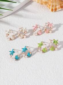 1 Pair Boho Style Metal Starfish & Shell Resin Pearl Dangle Earrings, Gift For Women, Suitable For Summer Beach & Daily Wear - Marine Alloy Oil Drop Earrings - View 5