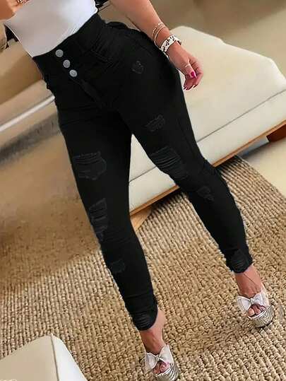 女士高腰破洞性感修身牛仔裤，休闲黑色