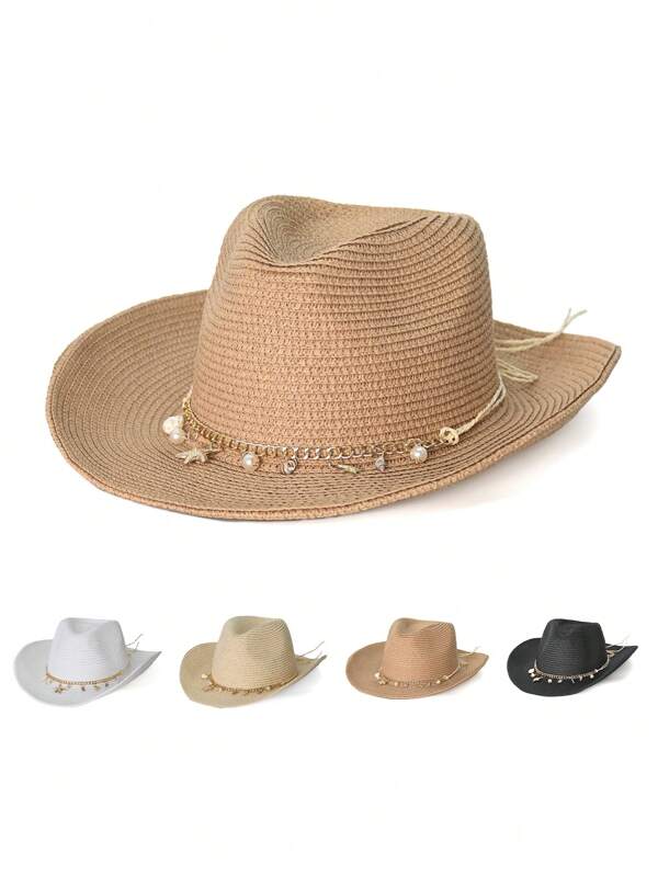 1pc Unisex Tassels Decor Boho Jazz Panama Visor Cowgirl Hat Cowboy Hat Straw Hat Beach Hat For Outdoor