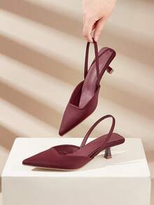 女士纯色小猫跟鞋，优雅尖头高跟鞋，时尚踝带高跟鞋 - 酒紅色 - 查看 3