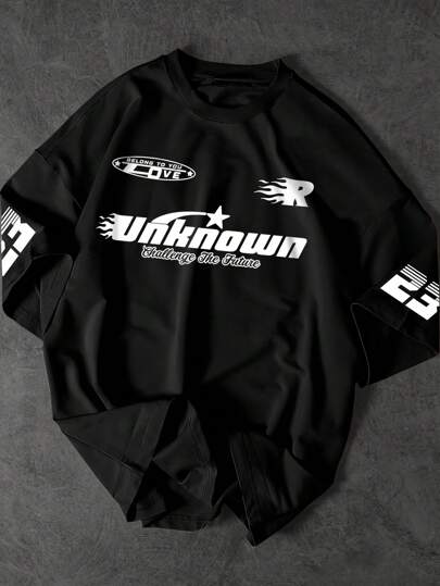 Teen Boys' Fashion Sporty College Style Letter Graphic Print Short Sleeve T-Shirt