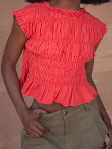 Women Tank Tops Solid Color Ruched Round Neck Casual Vests Summer Sleeveless Blouse Tops Streetwear - Red - View 3