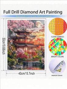 古建筑，全钻艺术套装，水钻绘画艺术，圆形钻石DIY手工项目，适合初学者和DIY爱好者， - 彩色 - 查看 3