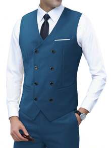 男士时尚新款商务纯色修身弹力三件套西装套装，包括西装外套、双排扣背心和工作正装长裤 - 水鴨藍 - 查看 4