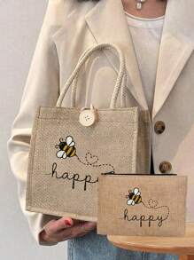 Bolsa feminina multifuncional com pequena bolsa de cosméticos, estampa fofa com abelhas e corações, bolsa grande e bolsa pequena, bolsa de linho, bolsa de armazenamento, sacola de compras com design de letras em estilo festivo, adequada para casamentos, aniversários, praias e feriados, bolsa de linho, bolsa de presente para o dia do professor, bolsa de armazenamento portátil leve e dobrável, bolsa simples, enfermeira, médica, bolsa de armazenamento de agradecimento ao professor, adequada para presente de mãe, cosméticos de viagem pessoal, sacola de compras