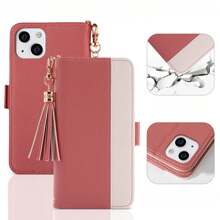 Fashionable Tassel Patchwork Phone Case, Notebook-Style Smart Phone Case, Card Storage Design, Perfect For Women & Men, Multi-Function Phone Case With Stylish Appearance, Wallet-Style Shock Absorbing Function, Memo Pad Phone Case, Wallet-Style, Elegant Gift, Anti-Fall, Card Storage Stand Function, Minimalist & Fashionable, Full-Protection Stand, PU Leather Smart Phone Case, Birthday Gift, New Year Gift, Mother's Day Gift