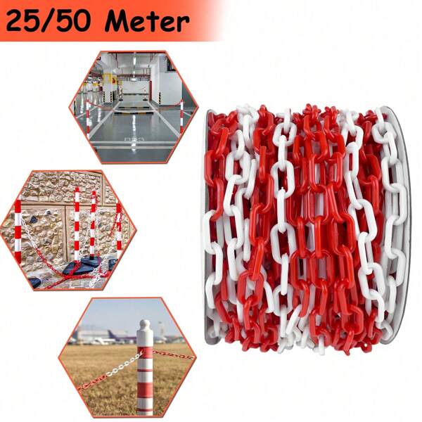 QEENTOE 25m/50m Kunststoffkette Absperrung Absperrkette Warnkette 6mm Stärke Rundstahlkette Baustellensicherungskette Plastikkette,Rot Weiß