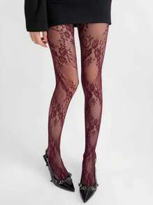 1 pieza Medias vintage de mujer con jacquard de encaje y rosas florales, pantalones ajustados de alta elasticidad, pantimedia transparente y estilizadora