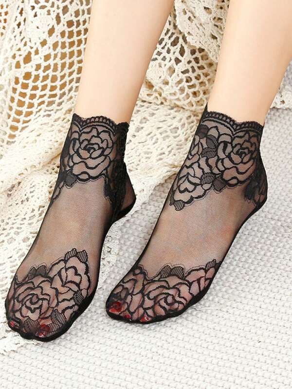 5 Pairs/Set Lace Trim Cotton Ankle Socks, Non-Slip Trench Liner Socks, Bulk Wholesale Rose Polyester Fiber Socks