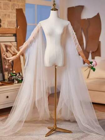 European Style Handmade Bridal Veil Accessories, High-End Gauze Cape, Emcee & Evening Dress Decor, With Trailing Sleeve Wrap Fall Clothes For Women