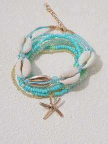 7pcs/Set Bohemian Style Shell & Bead Decor Hand Chain With Starfish Pendant, Women Bracelet Set (Random Bead Colors)