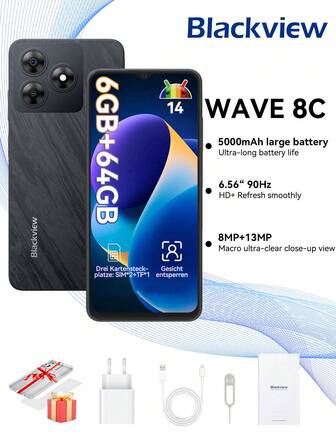 Blackview WAVE 8C olåst mobiltelefon, Android 14 mobiltelefon, 5000mAh 10W snabb, Octa-Core (2+4 Expand) GB+64 GB/SD 1 TB Android-telefoner, 6,56" HD+ skärm, 3 kortplatser, 4G dubbla SIM-kort, 13 MP+8 MP, mobil mobiltelefon Summer Tech Boost
