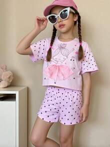 Young Girl Cute Pink Ballerina Girl Print T-Shirt + Polka Dot Shorts Set. Adorable Ballerina Print Paired With Polka Dot Shorts, Perfect For Girls' Summer Activities, Comfortable At Home Or Casual Outdoor Wear. Childlike And Charming, Making Your Little Girl The Center Of Attention. Suitable For 4-7 Years Old Girls, Spring/Summer.