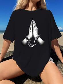 Camiseta de moda de mujer de algodón puro con diseño de manos en oración con rosario - Negro - Ver 1