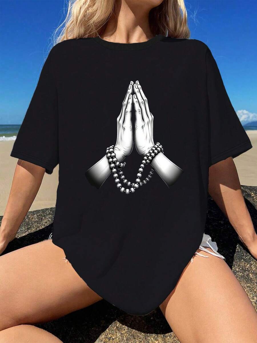 Camiseta de moda de mujer de algodón puro con diseño de manos en oración con rosario - Negro - Ver 1