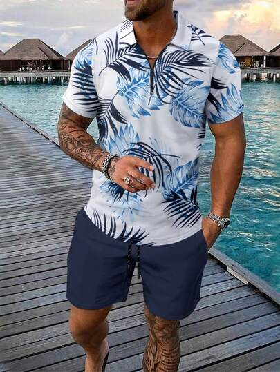 2 件男士休闲街头夏季服装套装，3D 叶印花短袖 Polo 衫 + 短裤