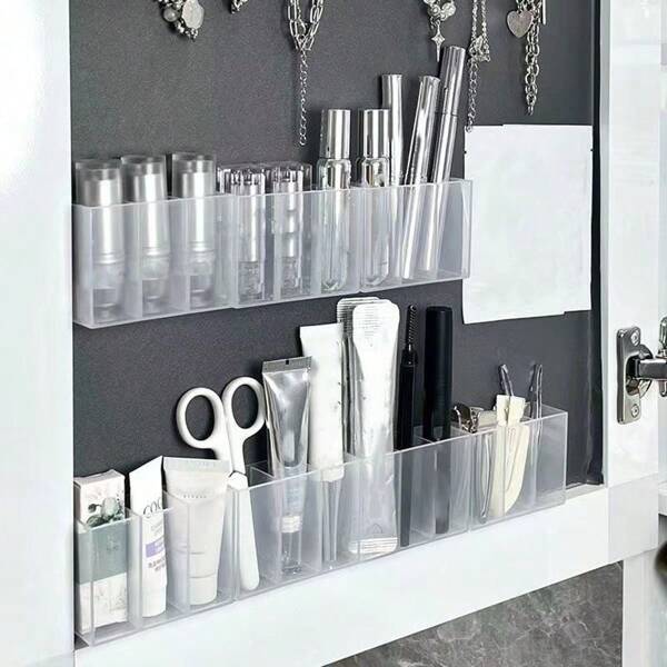2pcs 3-Compartment Storage Box, Wall Mounted Organizer For Eyebrow Pencils, Lip Gloss, Small Items Without Drilling